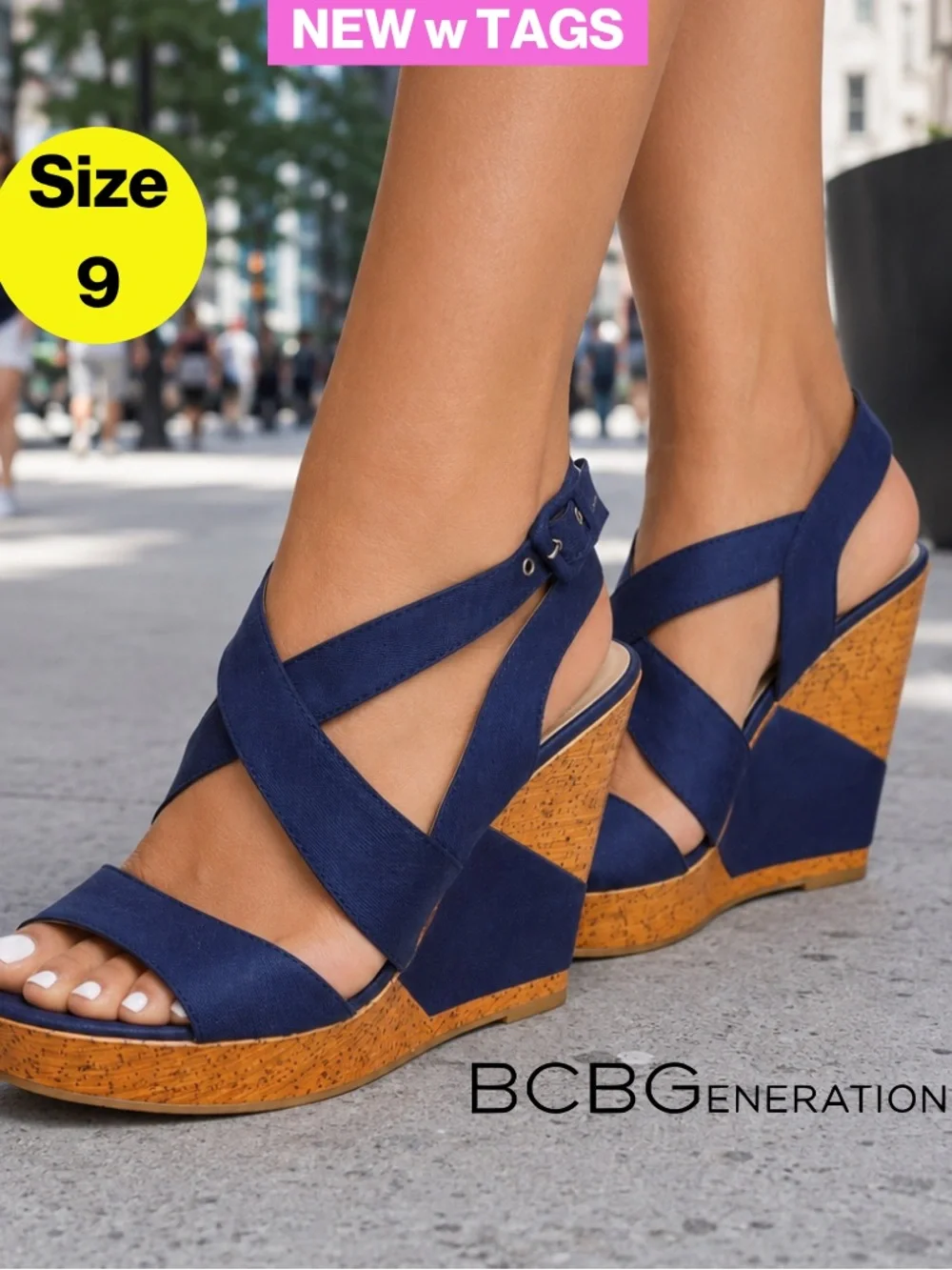 NEW w TAGS 🏷️ BCBG Women’s Navy Jean Crisscross Wedge Platforms (Size 9)